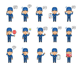 Set of workman characters showing various actions, emotions. Funny worker talking on phone, thinking, surprised, laughing, angry, reading a book and doing other actions. Simple vector illustration