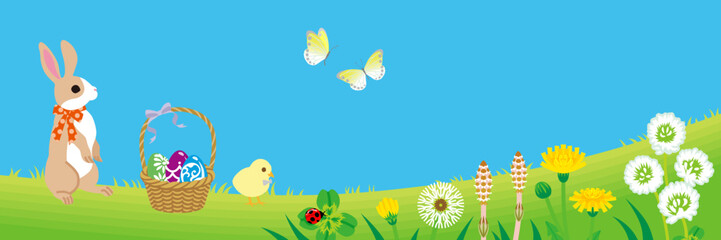 Easter bunny and Chick enjoying the spring nature - copy space layout design