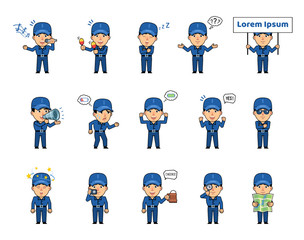 Set of workman characters showing various actions, emotions. Funny worker singing, celebrating, sleeping, thinking, holding placard, loudspeaker and doing other actions. Simple vector illustration