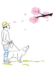 桜の花を見る男性と犬