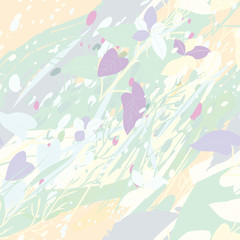 Military camouflage texture with trees, branches, grass and watercolor stains. Vector illustration. Camouflage military background in modern style.