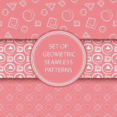 Compilation of geometric seamless patterns. White designs on pink background