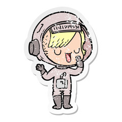 distressed sticker of a cartoon astronaut woman
