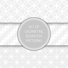 Compilation of geometric seamless patterns. Gray designs on white background