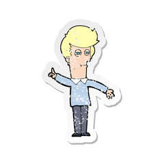 retro distressed sticker of a cartoon man narrowing eyes