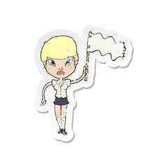 retro distressed sticker of a cartoon woman waving white flag