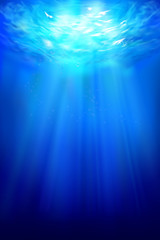Underwater view. Sea depth. Sun rays. Vector illustration.