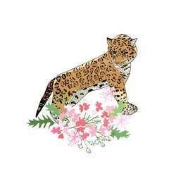 Retro style botanical illustration with flowers and animal. Delicate background with floral composition