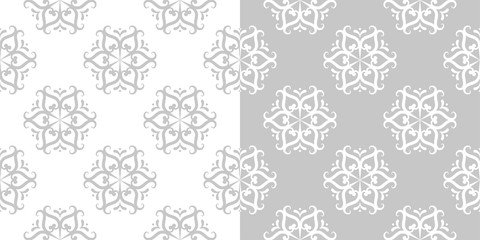 Floral seamless patterns. Gray and white monochrome design compilation