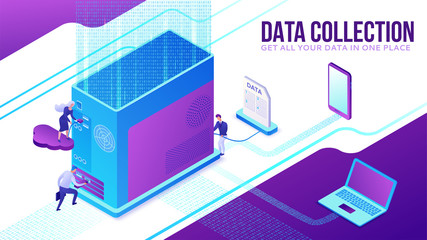 Data collection website template, isometric 3d illustration with computer, system block, people collection cloud data, modern infographics, teamwork concept, ui, ux design