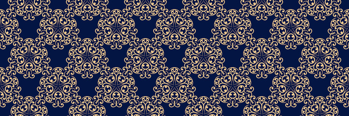 Long seamless background. Dark blue backdrop with abstract golden pattern