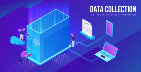 Data collection website template, isometric 3d illustration with computer, system block, people collection cloud data, modern infographics, teamwork  concept, ui, ux design