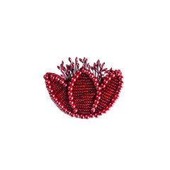Hand made brooch in the form of a red flower with rhinestones and beads. Fashion accessory.