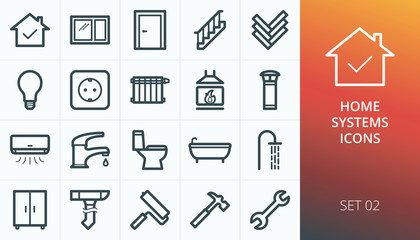 Home rapair and systems icons set. Set of house door, window, stairs, electric, toilet, shower, faucet, furniture, wrench, hummer, fireplace vector icons