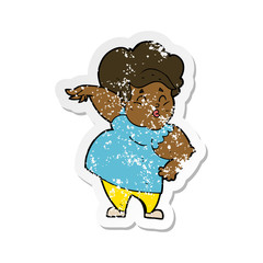 retro distressed sticker of a cartoon happy overweight lady