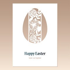 Card with openwork Easter egg with floral ornament and space for text. Laser cutting template.