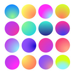 Rounded holographic gradient sphere. Multicolor green purple yellow orange pink cyan fluid circle gradients, colorful soft round buttons or vivid color spheres flat set