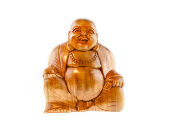 Fototapeta na wymiar wooden buddha statue smiling isolated on white