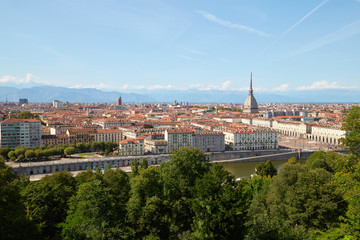 Fototapeta na wymiar Turin skyline view and Mole Antonelliana tower seen from Cappuccini hill in a sunny summer day in Italy