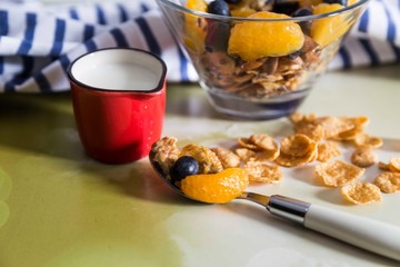 Healthy breakfast with blueberries , tangerines , corn flakes,  and milk on the colored bachground .