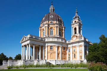 Fototapeta na wymiar Superga basilica on Turin hills in a sunny summer day, clear blue sky in Italy