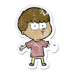 distressed sticker of a cartoon curious boy