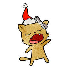 textured cartoon of a singing cat wearing santa hat