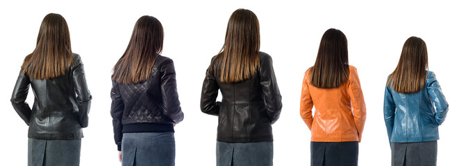 woman brunette backs in multi-colored jackets isolated on white background
