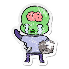 distressed sticker of a cartoon big brain alien crying and waving goodbye