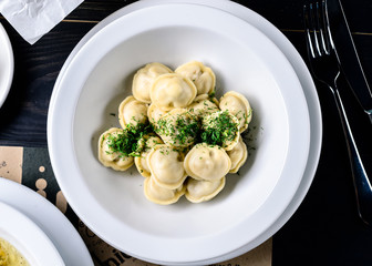 dumplings on the table in the restaurant, menu for the cafe