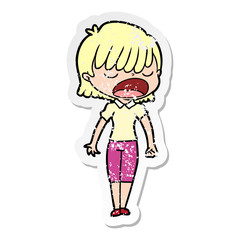 distressed sticker of a cartoon woman talking loudly