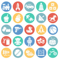 Toys icons set on color circles white background for graphic and web design. Simple vector sign. Internet concept symbol for website button or mobile app.