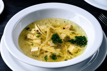 noodle soup on a table in a restaurant, copy space