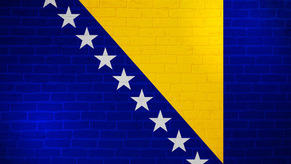 Bosnia and Herzegovina national flag painted on brick wall. Stone wall texture background. Old vintage minimalistic template for wallpaper, poster, banner. Background for design in country flag. 