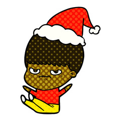 comic book style illustration of a boy wearing santa hat