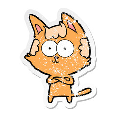 distressed sticker of a happy cartoon cat