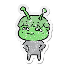 distressed sticker of a friendly cartoon spaceman