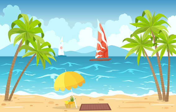 Sea beach and sun loungers. Seascape, vacation banner with sailing ships, palms, beach umbrella and clouds. Cartoon vector illustration - Vector.