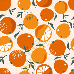 Fresh oranges, leaves background. Hand drawn overlapping backdrop. Colorful wallpaper vector. Seamless pattern with citrus fruits collection. Decorative illustration, good for printing