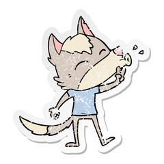distressed sticker of a howling cartoon wolf wearing clothes