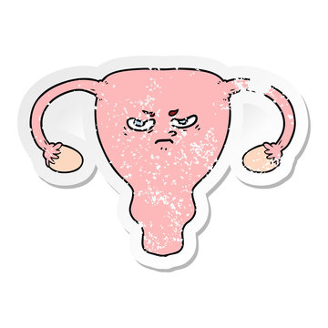 distressed sticker of a cartoon angry uterus