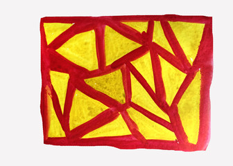 Watercolor abstract background with burgundy and red lines and yellow triangles for design, decoration.
