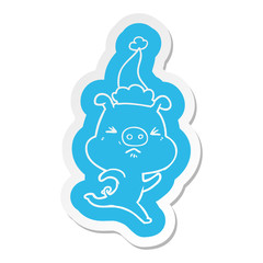 cartoon  sticker of a annoyed pig running wearing santa hat