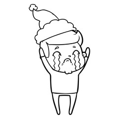 line drawing of a man crying wearing santa hat