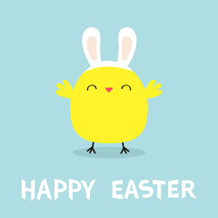 Chicken bird face head wearing bunny rabbit ears band. Happy Easter. Cute cartoon funny kawaii baby character. Flat design. Greeting card. Blue pastel color background.