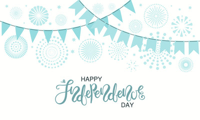 Naklejka premium Israel Independence Day card with blue fireworks, confetti, bunting, calligraphic lettering quote. Isolated objects on white background. Vector illustration. Design concept, element for poster, banner