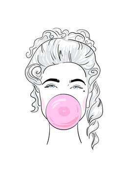 ОсновныThe face of a girl in a wig inflates a bubble of chewing gum.е RGB