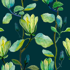 Beautiful magnolia flower tropical pattern. Seamless tropical pattern on dark background.