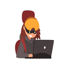 Female Hacker Stealing Information From Laptop, Internet Crime, Computer Security Technology Cartoon Vector Illustration