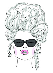 Stylish girl in a historical wig and modern glasses. A mixture of times. Portrait.